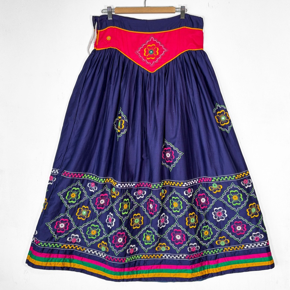 Colorful Floral Embroidered Mirror Work Maxi Skirt Navy Pink Boho Festival
